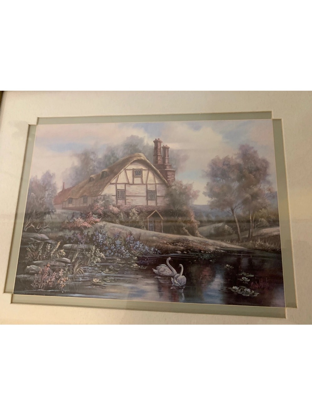Carl Valente Print‎ English Cottage Swans Double Matted Framed Signed 12 X 10